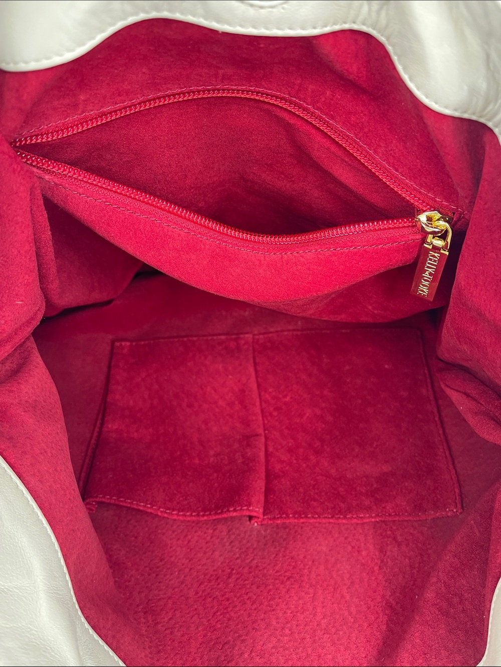 KELLY TOOKE Beige Leather Shoulder Bag with Red Suede Interior QUILTED STITCHING - Picture 7 of 12